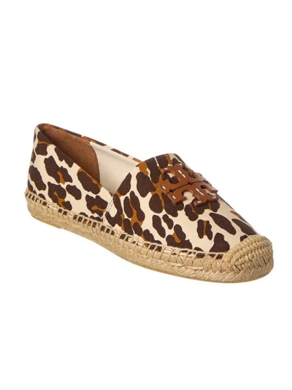 New Tory Burch Ines Leopard Print Canvas Espadrille Flats Brown Tan Women 9.5